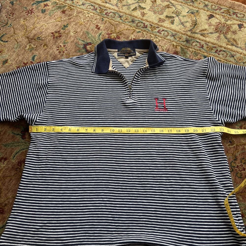 Vintage Tommy Hilfiger 1/4 Zip Striped Navy/White Polo Red Cotton Crest H Logo L - Picture 7 of 9